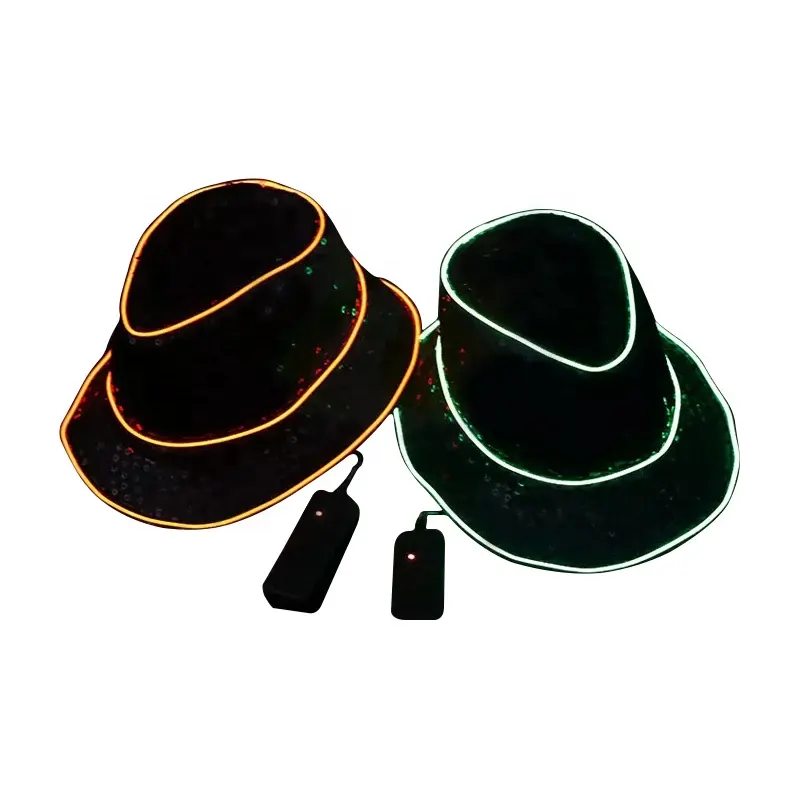 Unisex Volwassen Jazz Concert Cap Party Knipperende Led Knipperende Verlichting El Wire Fedora Hoed Casual Polyester Met Pailletten