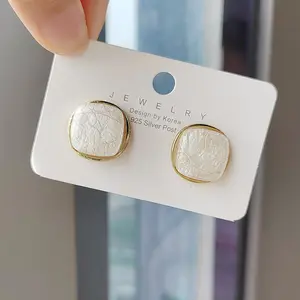 S925银针韩国新款大理石裂纹金属耳夹简约方形耳环