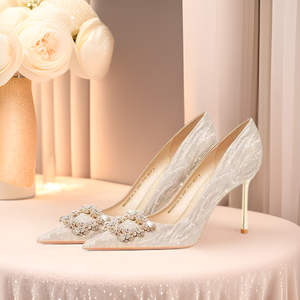 Escarpins à talons aiguilles pour femmes, à bout pointu, à paillettes, avec boucle carrée en strass, pour mariages et soirées - Product Image 3