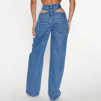 Celana Jeans Wanita Model Streetwear Seksi, Bahan Bernapas, Pinggang Tinggi, Longgar, Warna Terang/Gelap, Aksen Cut Out di Pinggang, Potongan Lurus