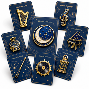 Badges de revers en métal émaillé dur personnalisés, plaqués or, motifs Musique Céleste, Harpe, Piano, Lune, Disque - Product Image 1