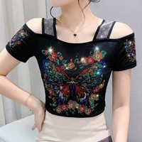 T-shirt personnalisé pour femme, à épaules dénudées, orné de papillons, de fleurs et de strass, brillant et pailleté, à manches courtes, pour soirée et boîte de nuit