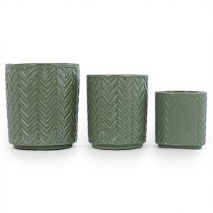 Pot de fleurs en céramique émaillée gaufrée vert clair vintage américain, texture en chevrons, trou de drainage, écologique - Product Image 1