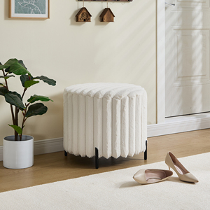 Modern Upholstered Round <b>Pouf</b> Ottoman Foot Rest Black Metal Legs Faux Fur Footstool for Living Room Bedroom Apartment Entryway - Product Image 3