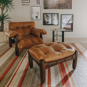 เก้าอี้เลานจ์หนังสีน้ำตาล, เก้าอี้โซฟาเดี่ยวเก้าอี้ห้องนั่งเล่นเก้าอี้ไม้ - Product Image 2