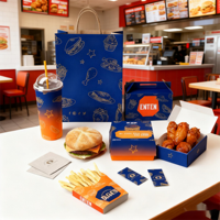 Boîtes à pizza articulées, ensemble d'emballages pour la restauration rapide, boîtes à emporter, frites, hamburgers, ailes de poulet, gobelets, conception de logo, contenants alimentaires jetables