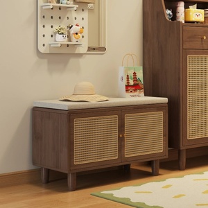 Panca Portascarpe Moderna <span class=keywords><strong>in</strong></span> Rattan Naturale con Armadietto Contenitore per Soggiorno e Anta Ventilata - Product Image 4