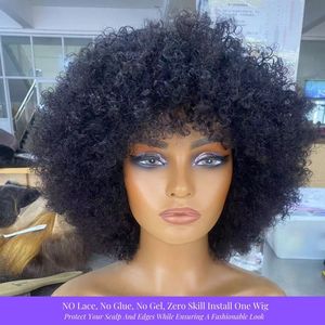 Peluca Afro Rizada Corta y Voluminosa, Estilo <span class=keywords><strong>Shaggy</strong></span>, Lista para Usar, Sin Pegamento, con Flequillo, 100% Cabello Humano, Pelucas Esponjosas Sin Pegamento - Product Image 2