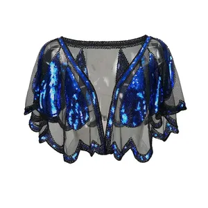 Châle pour <span class=keywords><strong>femme</strong></span> style années 20, Art Déco, à sequins et perles, Cape de soirée, Boléro, à devant ouvert, ourlet festonné, style Flapper - Product Image 2