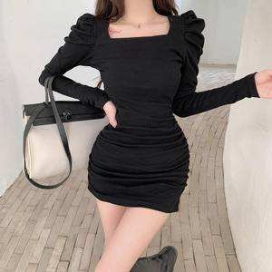 Women's Autumn Puff Sleeve Square Neck Bodycon Dress Slim Fit Pleated Mini Skirt Solid Color Coffee Long Sleeve Cocktail Dress - Product Image 2