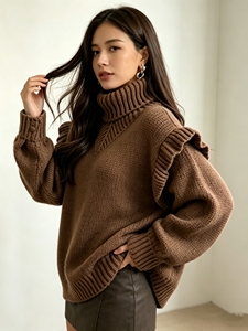 Suéter de cuello alto para mujer, a la moda, con volantes en los hombros, holgado, de manga larga, informal, para otoño e invierno - Product Image 2