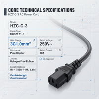 Câble d'alimentation CA Huizon HZC-C-3 avec prise EU IEC C13 femelle, H05ZIZI-F 3G1.0mm, caoutchouc sans halogène, 10A 250V, cuivre pur, certifié CE