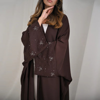Abaya Maxi en Polyester pour Femme, Grande Taille, Style Modeste, Broderie Islamique, Manches Ouvertes Fendues, Nœud Papillon Perlé, Cardigan Robe