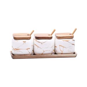 Wholesale Vintage Style Ceramic Spice Jar & Sugar Bottle Set with Wood Rack Freezer Safe Multifunction Design - Product Image 1