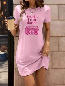 Vestido de mujer elegante de talla grande hasta la rodilla con estampado de radio 'YES <span class=keywords><strong>SIR</strong></span> I <span class=keywords><strong>CAN</strong></span> DANCE', estilo camiseta, ODM, para primavera - Product Image 3
