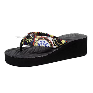 Summer New Women's <b>Thick</b> Bottom Slippers Bohemian Silk <b>Ribbon</b> Ethnic Fashion Outwear Beach Slippers - Product Image 1