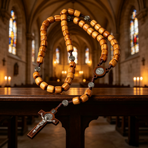 Elegante rosario católico de cuentas de acrílico de colores con San Benito, cruz de Santiago y corazón de Jesús. - Product Image 1