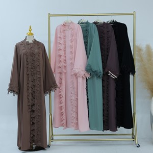 Robe Abaya musulmane en tissu Nida, mode modeste, respirante et légère, ensemble <span class=keywords><strong>deux</strong></span> pièces avec cardigan ouvert pour femmes - Product Image 1