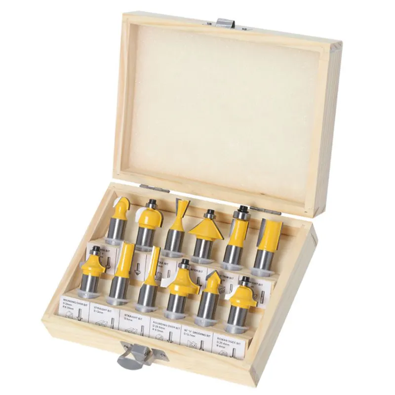 12pcs woodworking 8mm 1/4 1/2 inch shank router bits set wood box package for Trimmer engraving milling cutter kit