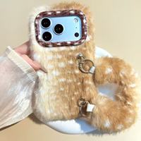 Coque de téléphone en peluche à motif cerf avec dragonne en peluche, style esthétique mignon pour iPhone 16 Pro 13 14 15 17 18 Pro Max PC