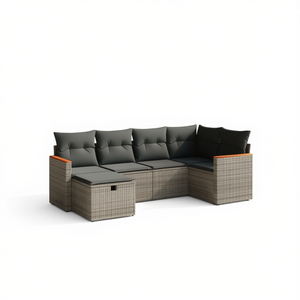 Set Divano da Giardino Moderno in Rattan 6 Posti, Arredamento da Esterno Design Contemporaneo, Struttura in Vimini Grigio con Pouf Contenitore - Product Image 1