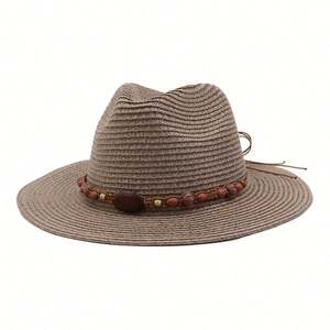 Nuevo Sombrero de Jazz de Paja para Hombre y Mujer, para Viajes de Primavera y Verano, con Protección Solar y Cuentas de Madera - Product Image 3