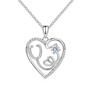 Hainon Sterling Silver Enfermeira Estetoscópio Colar para Mulheres Presentes Colar para Mãe Filha Irmã Colar Coração De Prata