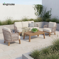 Ensemble de salon de jardin moderne en rotin tressé avec table basse en teck, 4 pièces, résistant à l'eau, pour l'extérieur