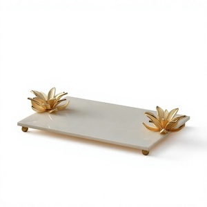 Plateau de service moderne de luxe en marbre avec poignée en laiton doré, accessoire décoratif pour la maison, les mariages et les hôtels, plateaux en laiton et en marbre - Product Image 6