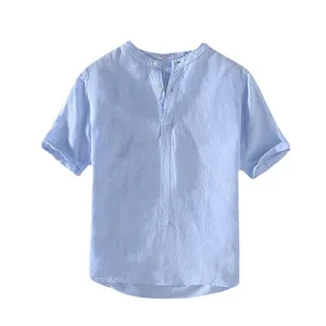 סיני סגנון רטרו Loose צווארון עומד פשתן חצי שרוול חולצה סלעית גברים של מזדמן רגיל Tshirts