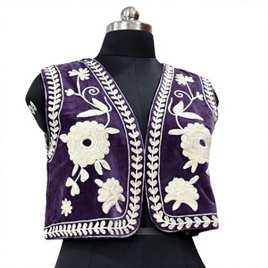 เสื้อแจ็คเก็ตวาร์ซิตี้แขนสั้นปักลายดอกไม้สีน้ำเงินฤดูใบไม้ร่วง แบรนด์ Khushbu Handicraft ผ้าฝ้ายปักมือ คอวี แขนพอง ระบายอากาศได้ดี เหมาะสำหรับฤดูร้อน - Product Image 2