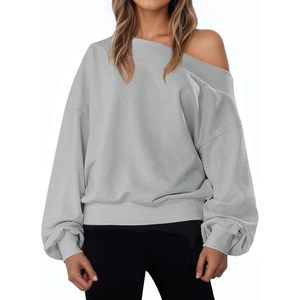Sweat-shirt à épaules dénudées pour femme, coupe ample, manches longues, pull d'automne, gris clair, mélange de coton tricoté - Product Image 1