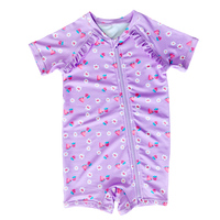Maillot de bain anti-UV UPF50+ à manches courtes pour fillettes, imprimé melon d'eau violet et marguerites, avec fermeture éclair sur le devant, personnalisable OEM/ODM