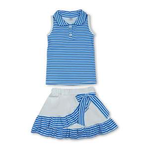 Conjunto de Falda con Volantes Blancos y Top Polo sin Mangas con Estampado de Rayas y Cuello Redondo para Niñas, Estilo Casual, Atuendo de Verano para Niños - Product Image 3