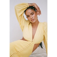 Nuevo Diseño, Vestido Largo de Alta Calidad, Ecológico, Personalizado, con Corte Floral en Tela de Color Natural, Cintura Alta, 100% Algodón, Cuello en V