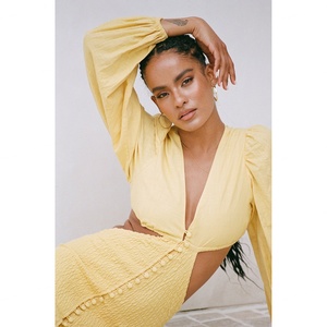 Nouvelle robe décontractée pour femme, coupe ajustée, en coton 100%, à manches longues, avec découpes florales, taille naturelle, couleur personnalisée, design de haute qualité - Product Image 5