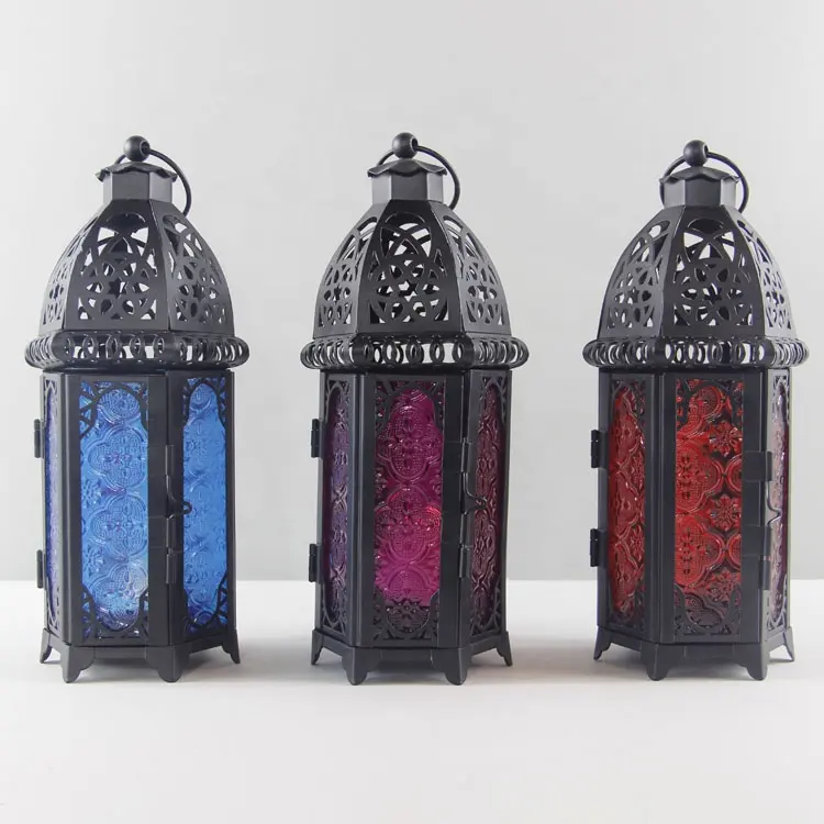 Porte-bougie décoratif arabe, vente en gros, lanternes de Ramadan avec verre coloré