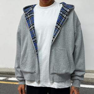 Wholesale Heavyweight Sudaderas Con Capucha Custom Logo Checkered Drop Shoulder <b>Hoodie</b> Cotton Reversible Oversized <b>Zip</b> <b>Up</b> <b>Hoodie</b> - Product Image 1