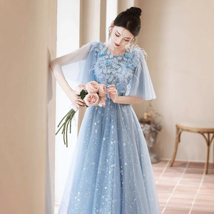Blue Feather Evening Gown Scoop Neck Empire Waist 3D Floral Print For Coming Of Age Ceremony - Product Image 3
