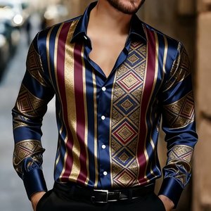 <span class=keywords><strong>Chemise</strong></span> <span class=keywords><strong>Homme</strong></span> Décontractée à Manches Longues et Col V, Nouveau Style Brillant 2026, Imprimé Numérique Polyester Bambou, Boutonnage Simple, Revers - Product Image 3