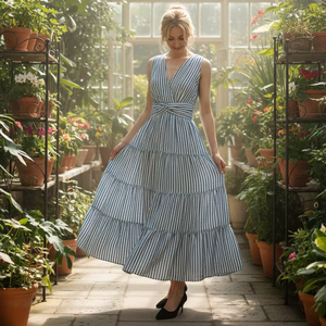 Sleeveless V-neck elegant layered ruffled stripes casual daily dress daily all-match can be worn outside - Product Image 1