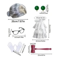 Ensemble d'accessoires de costume d'avocat et de juge, comprenant une perruque, un marteau, un col en dentelle et d'autres accessoires, parfait pour les jeux de rôle d'Halloween