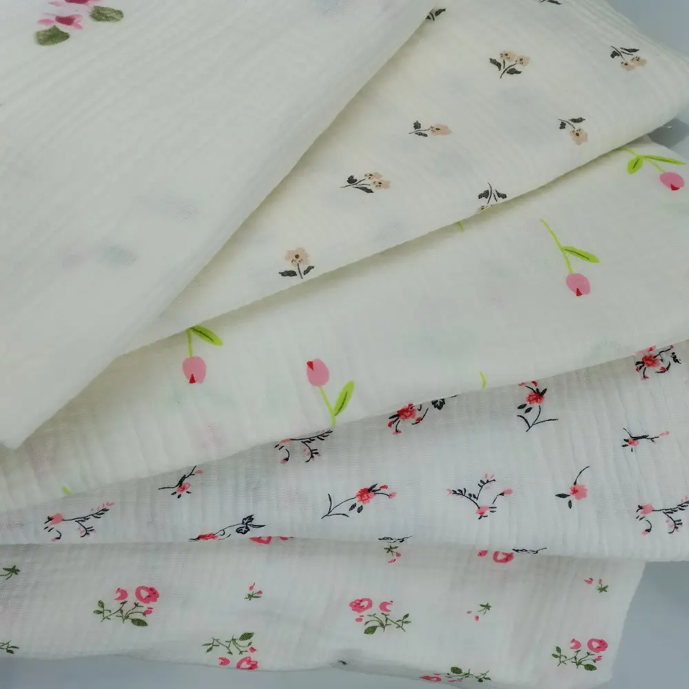 2023 New desgin Directly factory wholesale 100% cotton Double Gauze muslin crinkle Print Fabric for garments