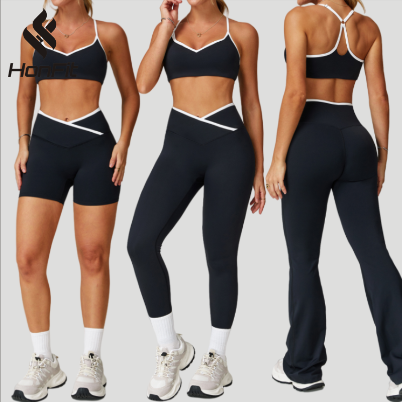 HONFIT New Cross High Waist Sports Suit for Women Contrast Color Tight Nude Yoga 4 Piece Set Quick Dry Gym Fitness Women's Set