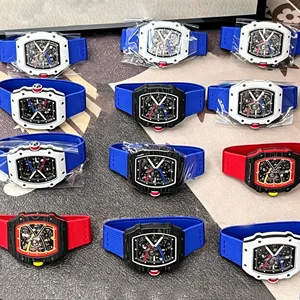 Montres mécaniques pour hommes en forme de tonneau, boîtier ajouré en fibre de carbone, montres chronographes, bracelets en tissu silicone. - Product Image 1