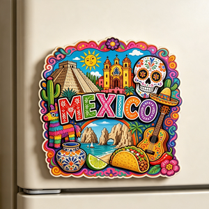Pegatina Magnética Moderna de Madera Personalizada de México, Diseño de Calavera Mexicana, Pirámide de <span class=keywords><strong>Chichen</strong></span> Itza, Taco, Guitarra, Piñata, Viajes por Latinoamérica - Product Image 4