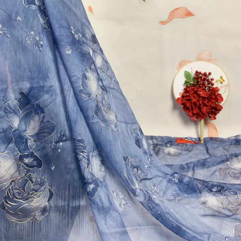 Мягкая синяя шифоновая ткань пион Бронзовый Печатный Тюль Ткань для рубашек, красный и голубой цвет, by the Meter