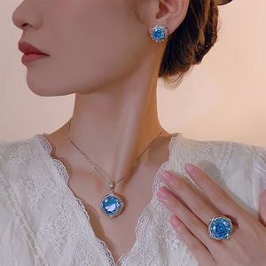 Fashion Eco-friendly Copper Gold Plated 18-10MM Sea Blue Cubic Zirconia Classic Floral Pendant <b>Earrings</b> Jewelry <b>Set</b> Wedding - Product Image 6