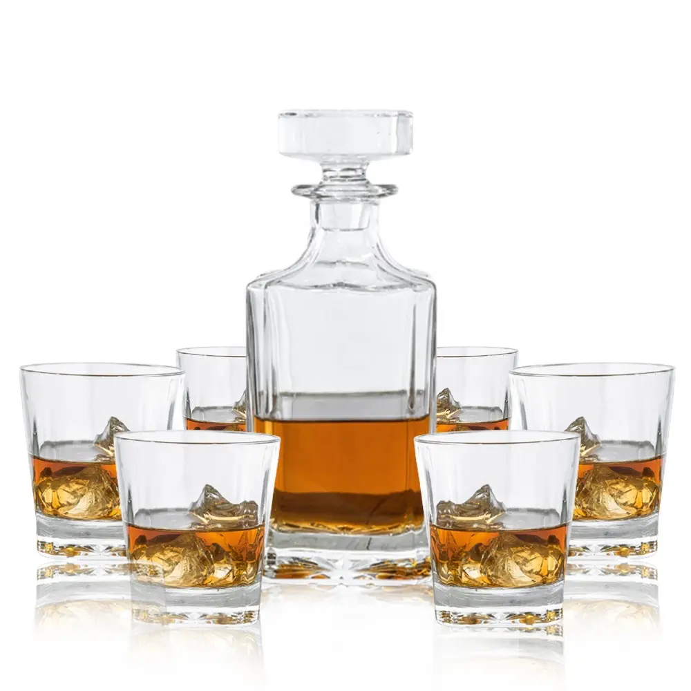 25 oz Square Lead Free Crystal Whiskey Decanter and Glass 7 pc Set 6-12 oz.Double Old Fashioned Tumblers For Whiskey, Liquor, Bo