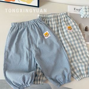 Kids Cotton Plaid Long Pants Blue Checkered Elastic Waist Casual Summer Wear - Product Image 4